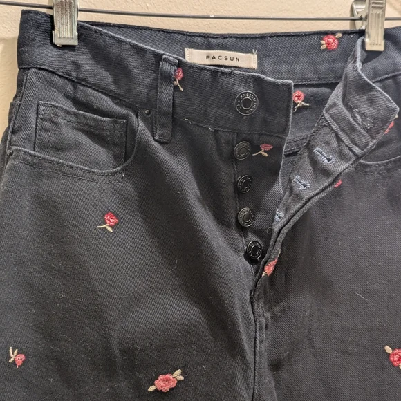 PacSun Rose Embroidered Black High Rise Mom Jeans Straight Ankle Length- 24 - Picture 9 of 13